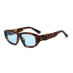 Retro thick frame rectangular cat eye sunglasses for women with trendy light blue lenses