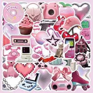50 Pcs Autocollants Rose Y2K Esthétique Stickers Vintage Mignons pour Téléphone Tasse
