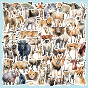 Adesivi di animali africani ad acquerello con leoni, zebre e giraffe per decorare.