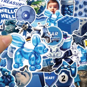 Blue aesthetic waterproof stickers pack, cute cartoon decal for journal and laptop decor.