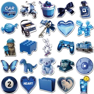 Blue theme waterproof stickers set, cute cartoon and aesthetic decorative decals for journal notebooks.