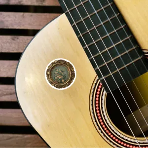 Close-up detail of vintage art painting sticker applied on guitar wood panel surface design.