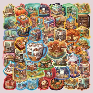 Vista dettagliata del pacchetto di adesivi impermeabili cartoon del mondo in miniatura fai da te.