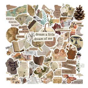 Vintage sticker pack detail showing various scrapbooking designs in classic sepia tones.