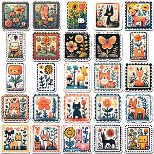 50 uds pegatinas impermeables vintage sello dibujos animados animales flores para taza portátil