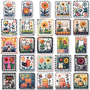 Primer plano de pegatinas coloridas de sellos de dibujos animados lindos con flores y animales.