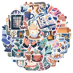 Close-up details of cute winter cartoon stickers set, waterproof decorative graphic decals.