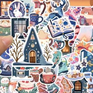 Winter cartoon sticker set for phone case luggage decoration, cute waterproof decals pack.