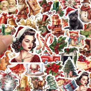 Detalle de pegatinas navideñas vintage que muestran varios diseños retro lindos para manualidades DIY.