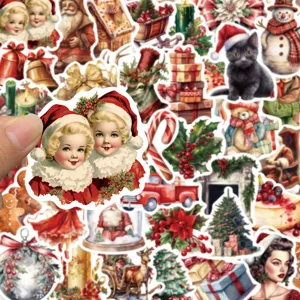 Detalles de pegatinas navideñas vintage, ilustraciones retro, decoraciones de manualidades.