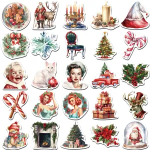 Paquete de pegatinas navideñas vintage, calcomanías retro para funda de teléfono y diario DIY.
