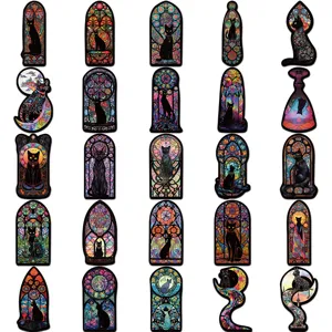 Autocollants chats noirs vitrail gothique, stickers decoratifs etanches pour coque de telephone.