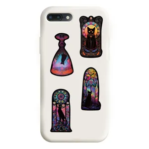 Coque de téléphone blanche de protection avec de superbes autocollants vitrail chat.