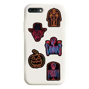 White phone case featuring cool neon Halloween horror skeleton pumpkin graphics design.