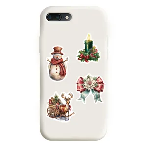 Funda de teléfono blanca con pegatinas navideñas vintage, diseño retro de vacaciones.