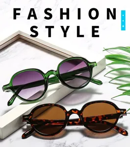 Detailed view of retro round sunglasses with green and tortoise frames, stylish summer eyewear.
