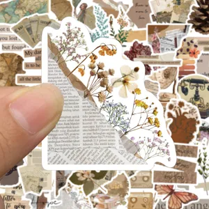 Vintage botanical newspaper collage stickers waterproof journaling crafts decor 50pcs