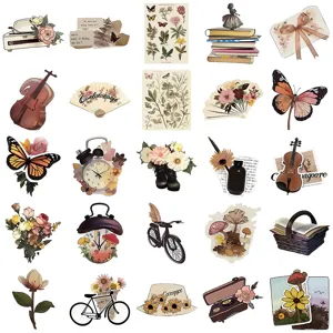 Close-up detail showing various vintage style stickers featuring butterflies, flowers, and art.