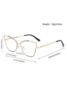 Detail view of the stylish metal cat eye optical glasses frame with precise dimensions.