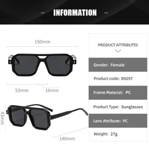 Spezifikationstabelle mit Maßen und Produkteigenschaften für schwarze Retro-Pilotenbrille.