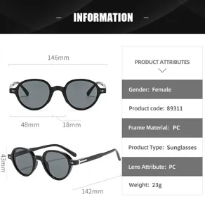 Women round sunglasses retro fashion eyewear PC frame lightweight uv protection 89311