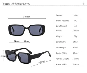 Retro quadratische Sonnenbrille für Damen und Herren, mit PC-Rahmen und detaillierten Maßen.