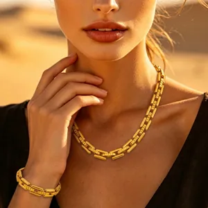 Hip Hop Acero Inox Eslabón Caja Cadena Collar Pulsera Para Mujeres Hombres Chapado al Vacío Joyería Cuadrada Geométrica