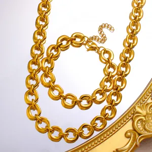 Close-up details of gold stainless steel irregular o-chain necklace and bracelet jewelry set.