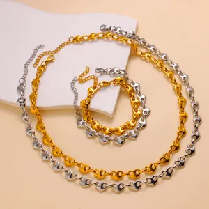 Stainless steel heart link necklace bracelet set, elegant gold and silver fashion jewelry for women.
