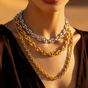 Layered stainless steel coffee bean chain necklace set, trendy minimalist design.