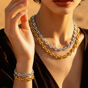 Stainless steel layered coffee bean chain necklace and bracelet jewelry set. Stylish.