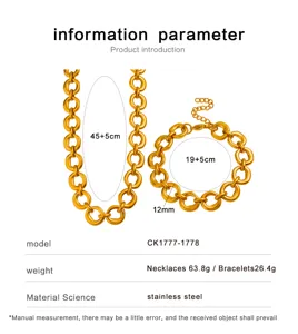 Stainless steel chunky O-chain necklace and bracelet set, hip-hop geometric jewelry style.