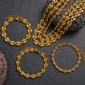 Stainless steel gold coffee bean chain bracelet and necklace detail view showcasing exquisite links.