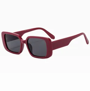Detailansicht der Retro-Sonnenbrille, dicker weinroter Rahmen, dunkle Gläser im Detail.