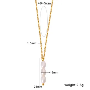 Detail view of the 18k gold stainless steel pearl pendant necklace with exact dimension specs.
