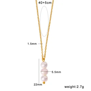 Detailed view of the gold chain pearl pendant necklace showing precise product dimensions.