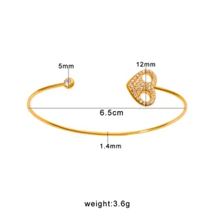 Vergoldeter Titanstahl Zirkonia offener Armreif Mode Damen Schmuck 6.5cm Durchmesser