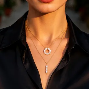 Double layer pearl necklace set with gold chain, elegant pendant jewelry for women daily.