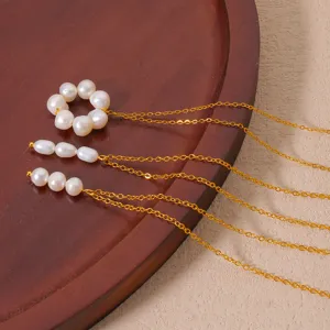 French Vintage 18K Gold Plated Stainless Steel Artificial Pearl Pendant Necklace For Women Elegant Geometric Daily Jewelry