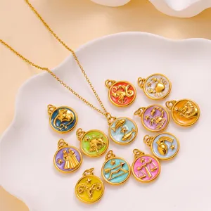 Stainless Steel 18K Gold Plated Zodiac Sign Pendant Round Drip Oil Enamel Astrology Medallion Necklace Charm For Women Jewelry