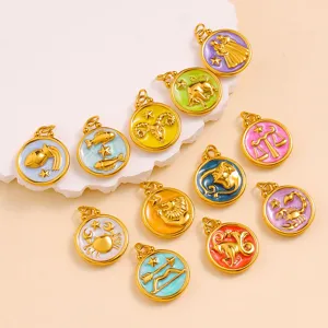 Close-up detail of 12 zodiac pendants, 18k gold plated stainless steel with colorful enamel.