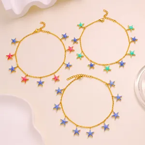 Zomer oceaan stijl emaille pentagram enkelbandje met kleurrijke sterren fijne gouden ketting.