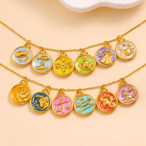 Gold stainless steel twelve zodiac signs enamel charm layered necklace fashion jewelry
