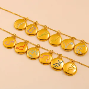 Stainless steel 18k gold plated dual layer zodiac constellation enamel pendant necklace