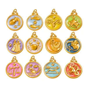 Stainless steel 18K gold plated colorful enamel 12 zodiac signs pendants necklace charms.