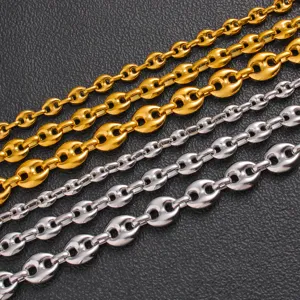 Detailed view of stainless steel coffee bean chains in gold and silver, various sizes and styles.