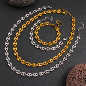Stainless steel coffee bean chain necklace and bracelet set in gold and silver colors.