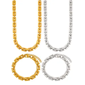 Conjunto de collar y pulsera de cadena geométrica de acero inoxidable en oro y plata.