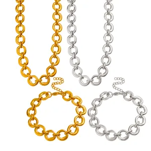 Chunky geometric O-link necklace and bracelet set in gold and silver, trendy stainless steel.
