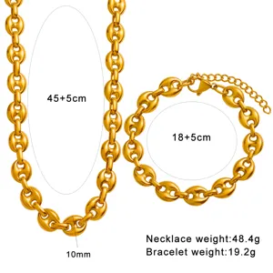 Gold Stainless Steel Coffee Bean Chain Necklace and Bracelet Set 45+5cm 18+5cm Jewelry